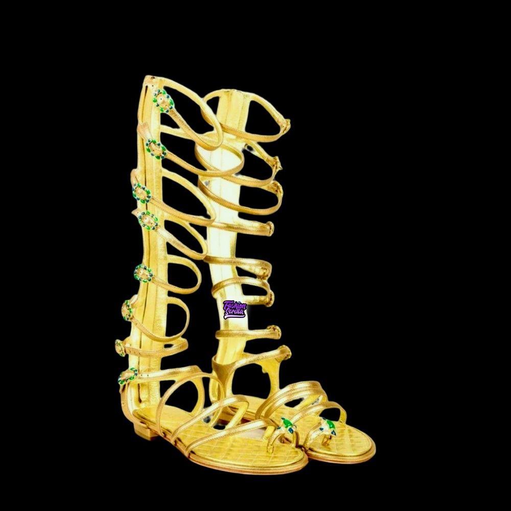 Chanel Leather Knee High Gripoix Embellished ‘CC’ Logo Gold Gladiator Sandals - Picture 9 of 12